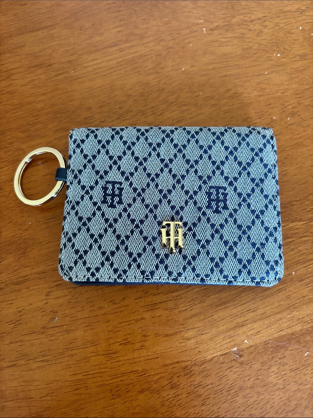 Tommy Hilfiger Navy and Light Blue Monogram Card Holder with Gold Keyring